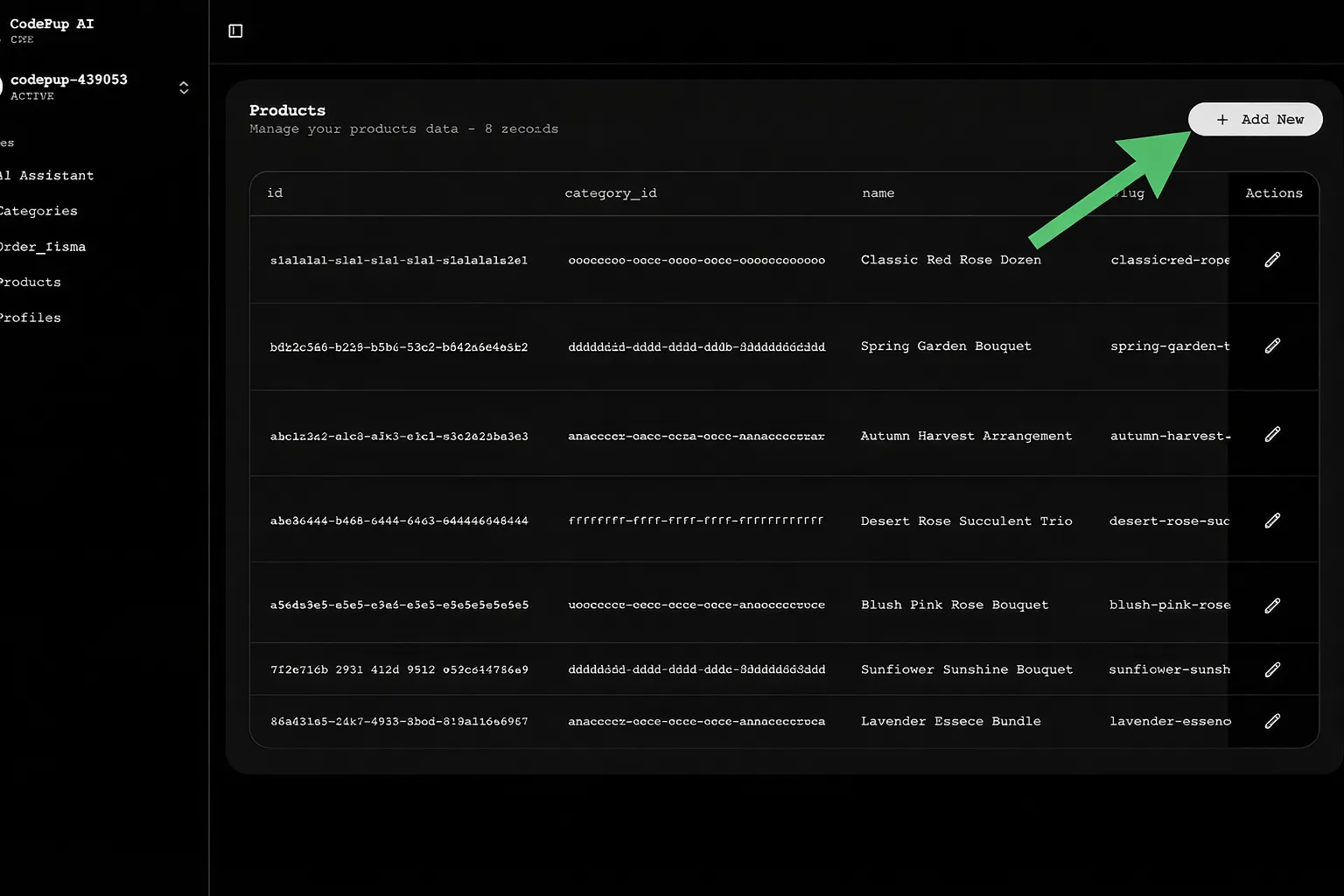 Add New button to open the row entry form