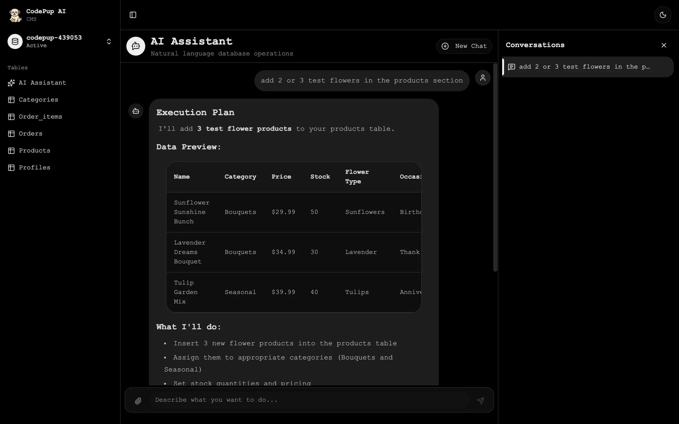 AI Assistant showing plan and asking for confirmation