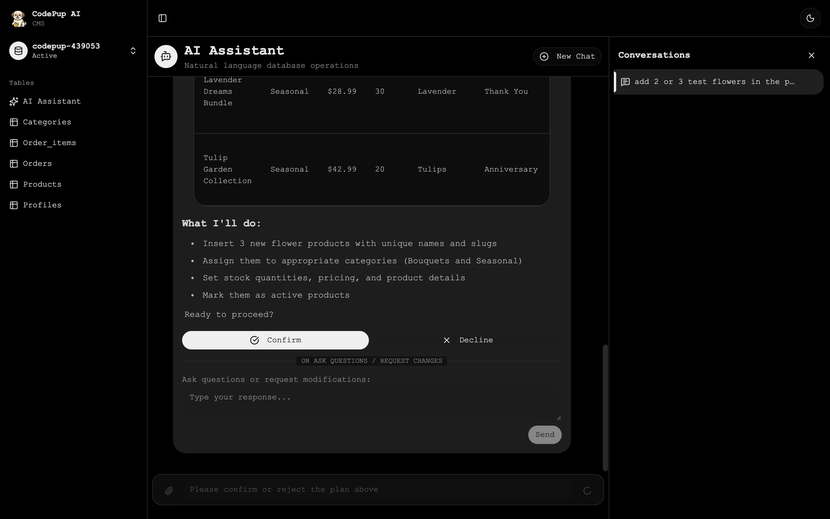 Confirm or Decline buttons on the AI plan