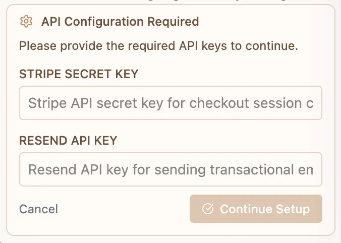 API keys input fields for Stripe and Resend