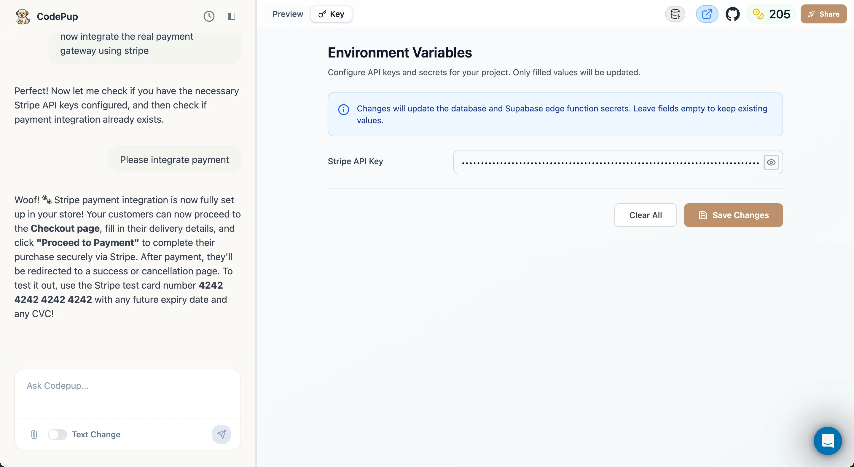 Save Changes button active after entering the key