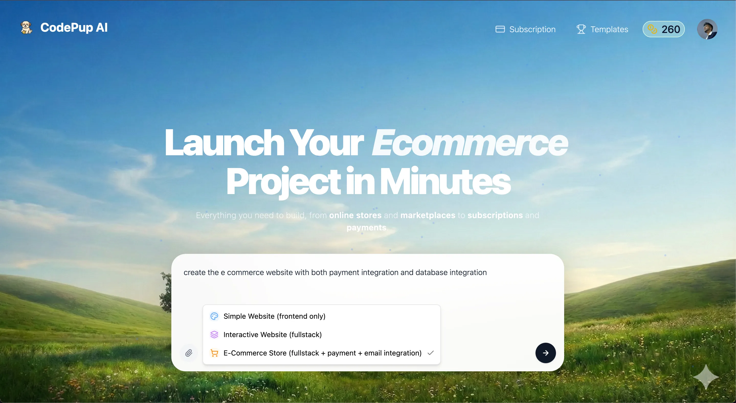 Codepup AI homepage prompt with E-Commerce Store option selected