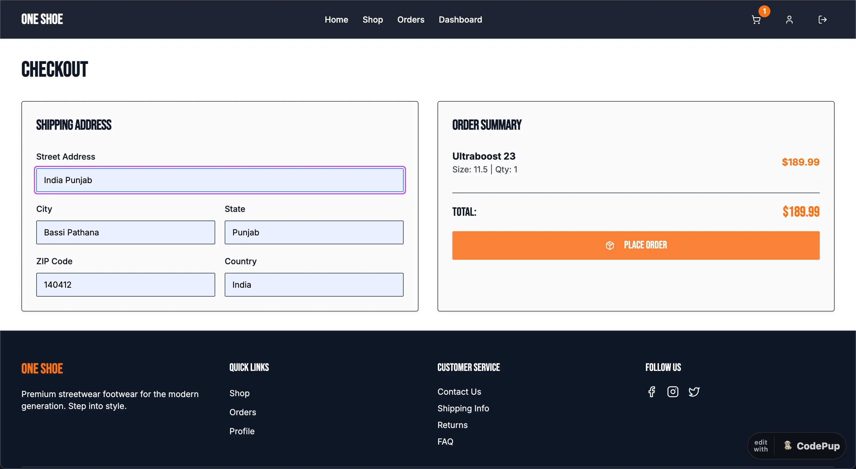 Checkout page with shipping address form and Place Order button