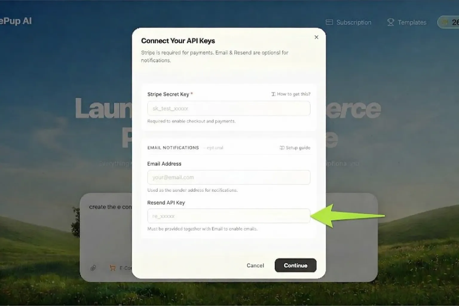 Keys input screen showing Stripe and Resend API key fields